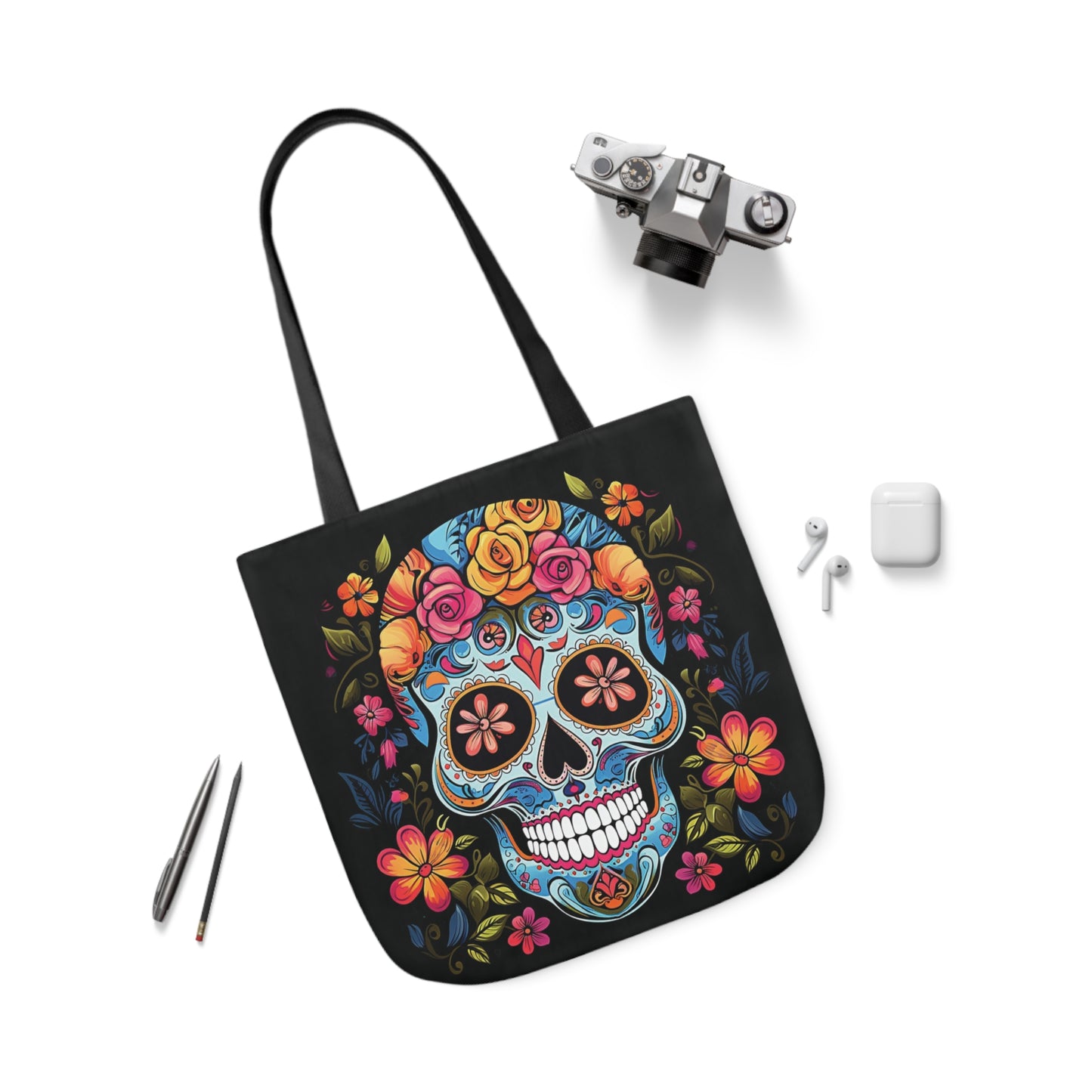 Blue Sugar Skull With Bright Flowers Shoulder Tote Bag