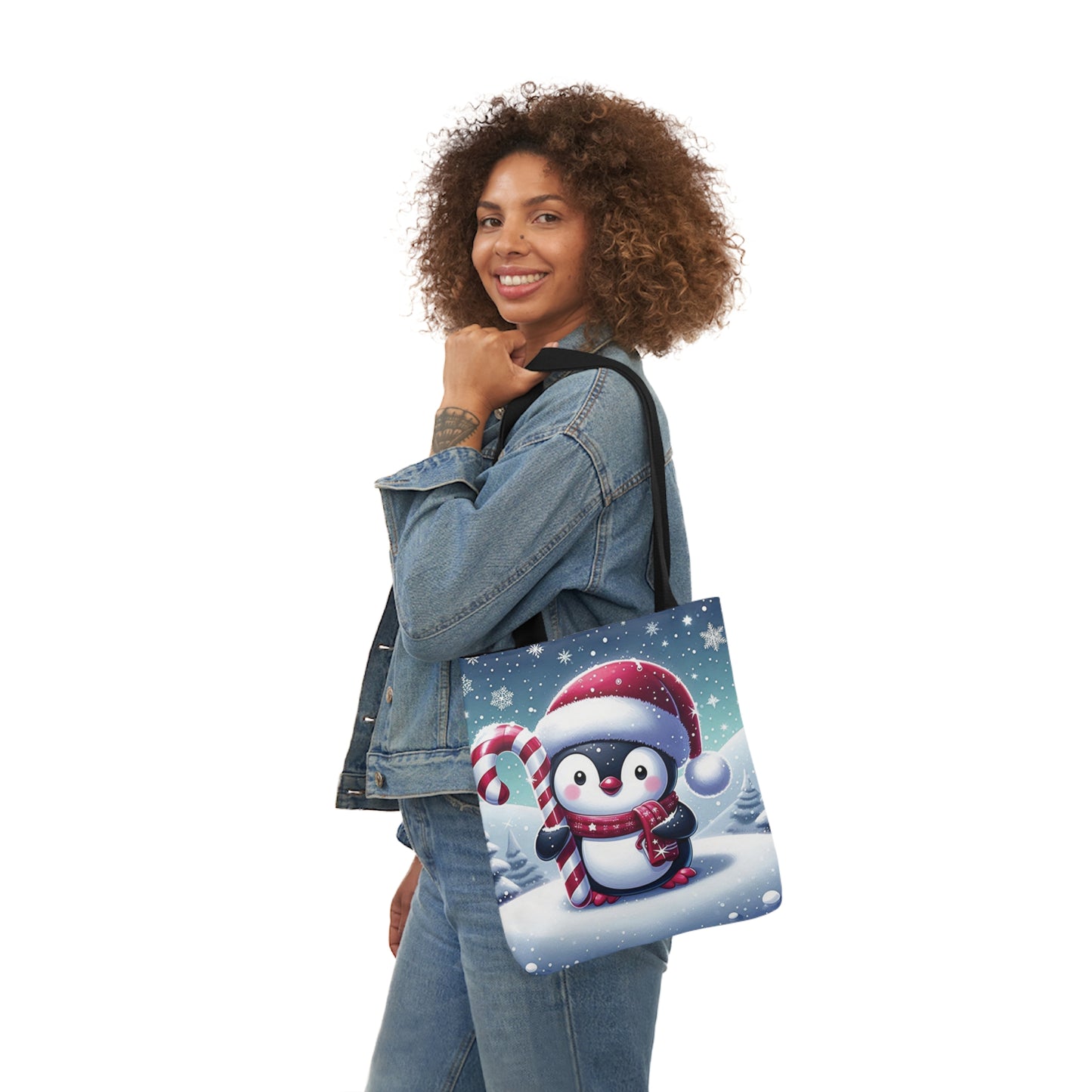 Christmas Candy Cane Penguin Shoulder Tote Bag