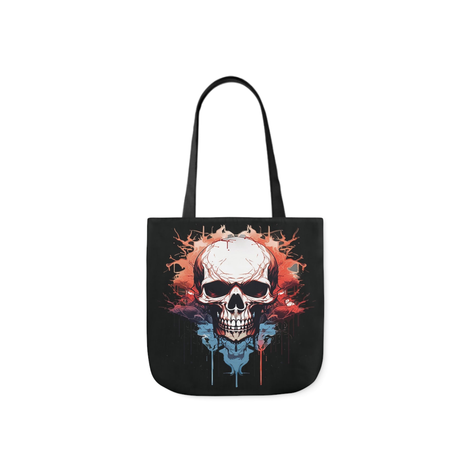 A canvas shoulder tote bag with a design of a skull watercolour painting