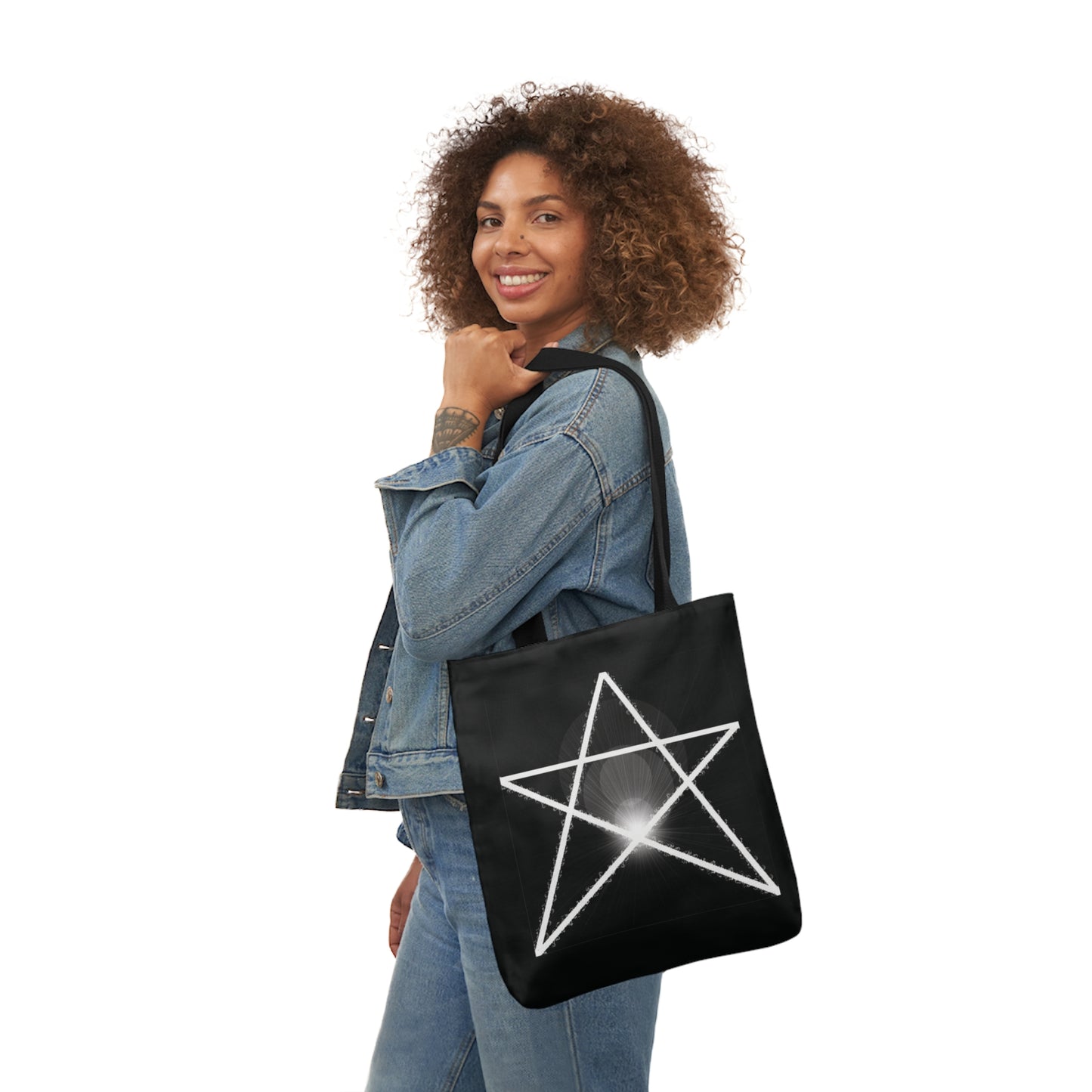 White Pentagram Witches Pentacle Black Shoulder Tote Bag