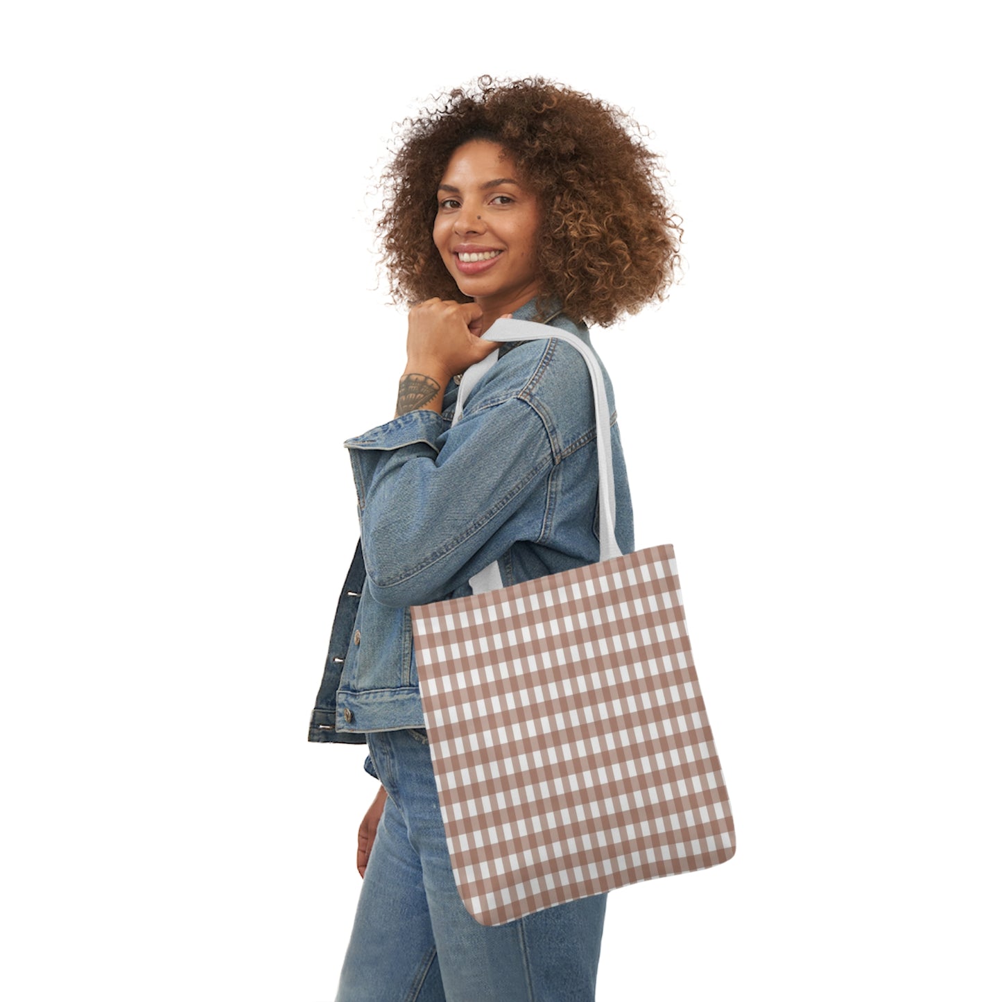 Mocha Brown Check Pattern Shoulder Tote Bag