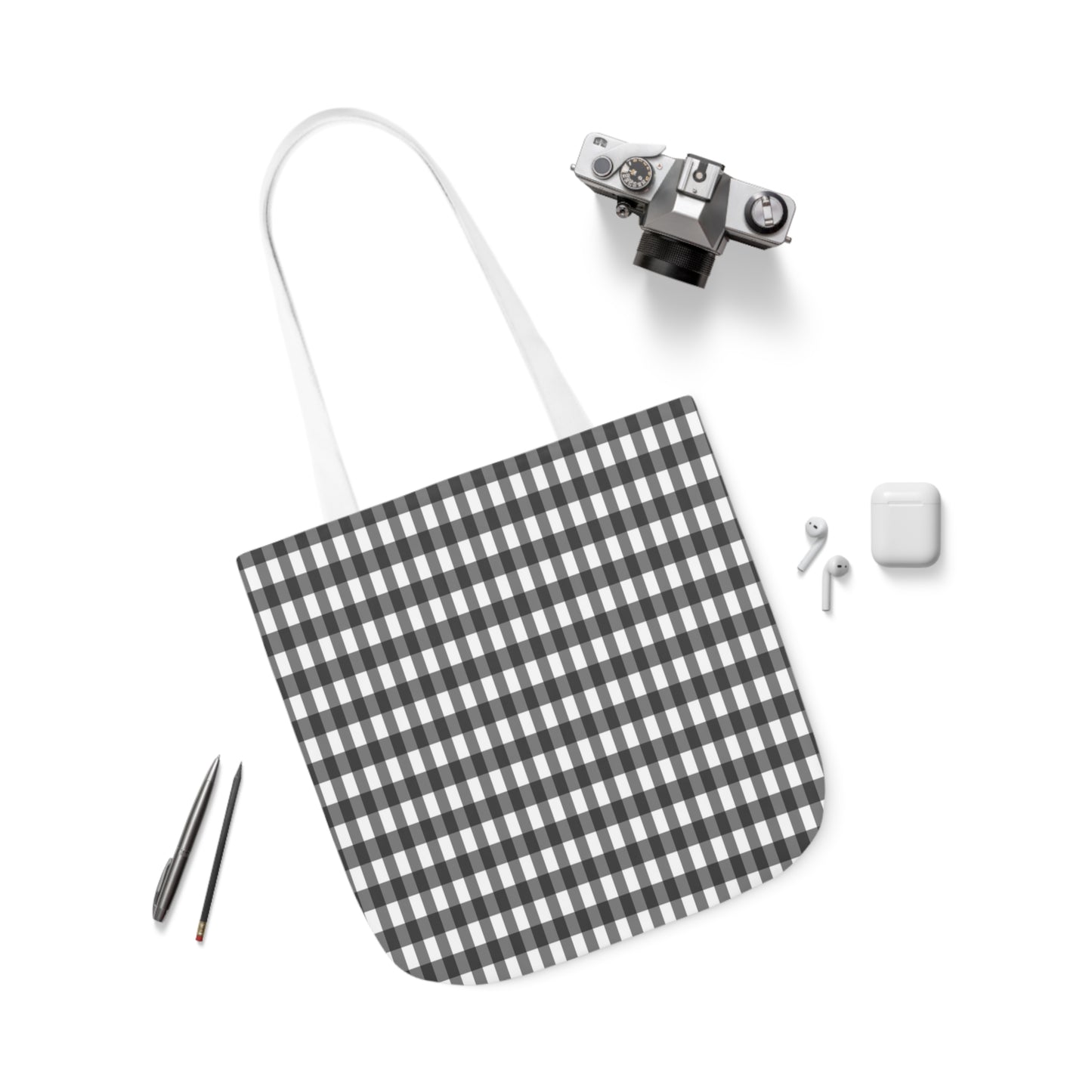 Grey And White Gingham Check Pattern Shoulder Tote Bag