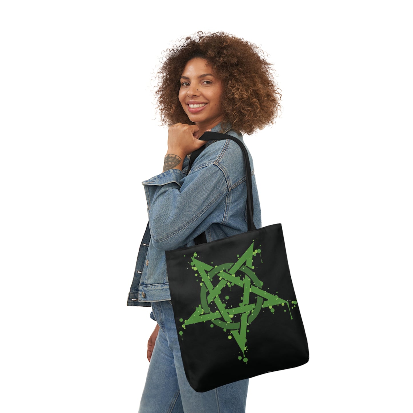 Green Inverted Spotted Pentagram Shoulder Tote Bag