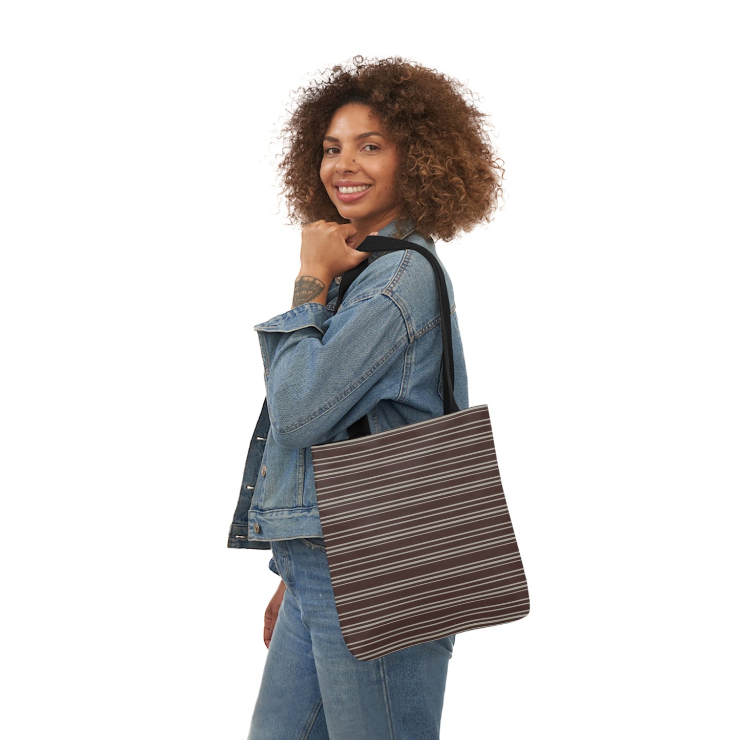 Dark Chocolate Brown Stripes Pattern Shoulder Tote Bag