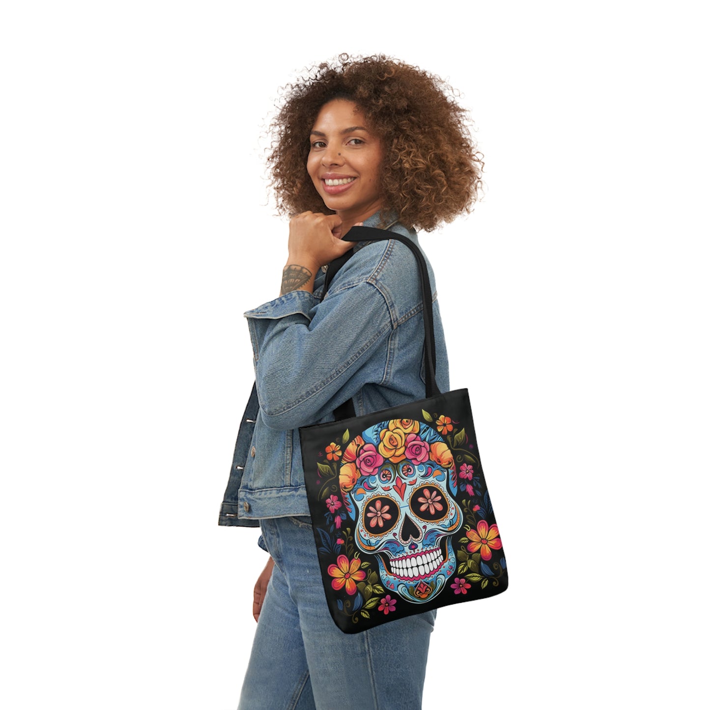 Blue Sugar Skull With Bright Flowers Shoulder Tote Bag