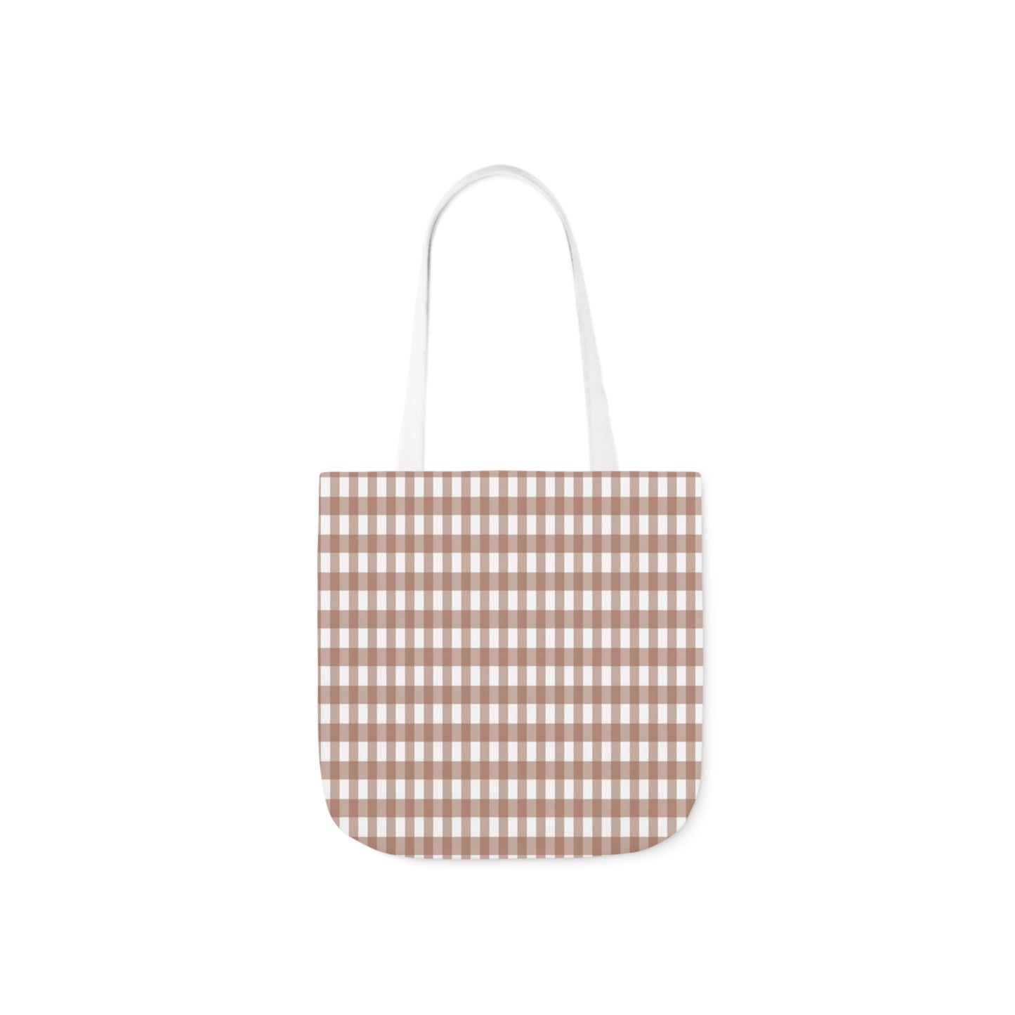 A canvas shoulder tote bag with a design of a mocha brown check pattern.