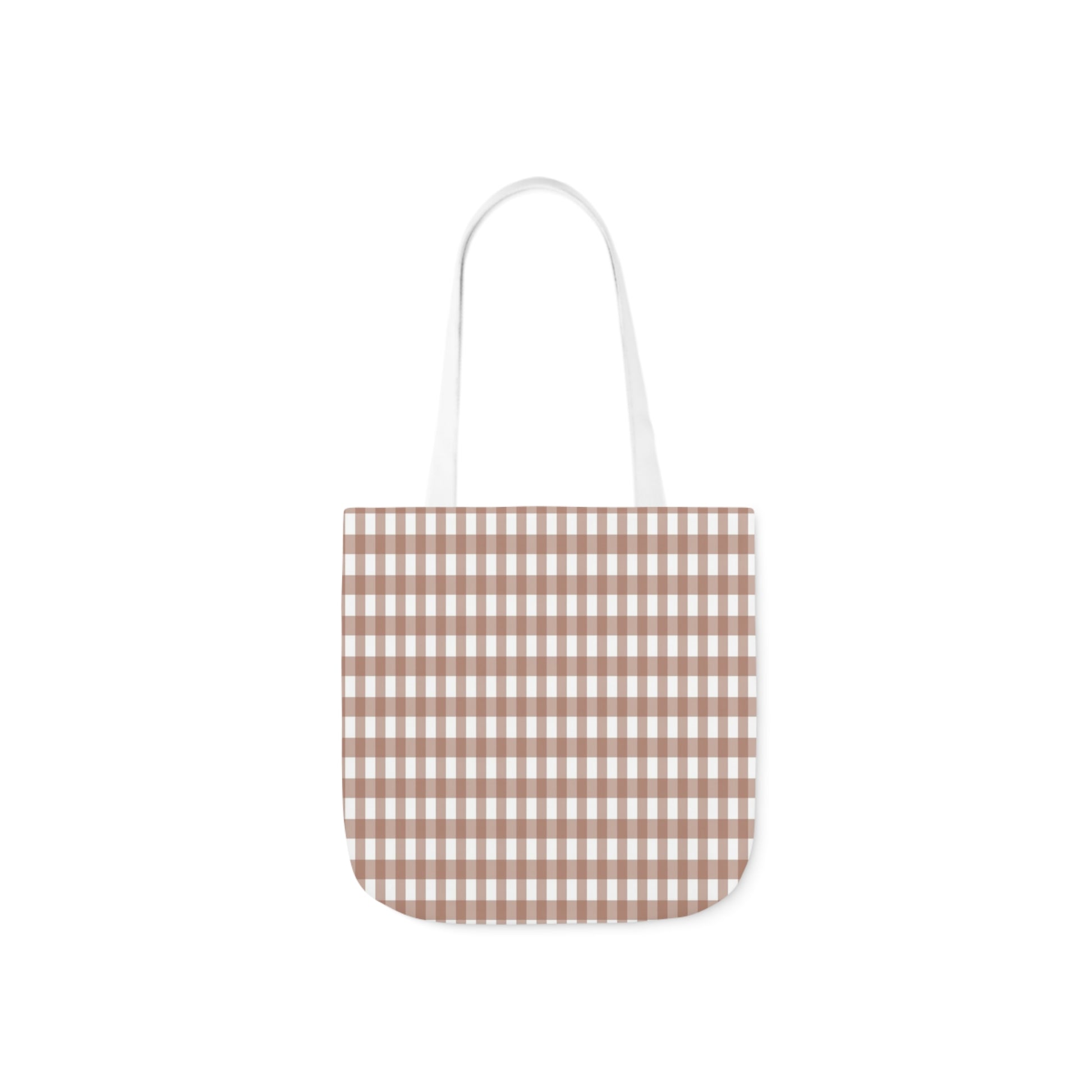 A canvas shoulder tote bag with a design of a mocha brown check pattern.