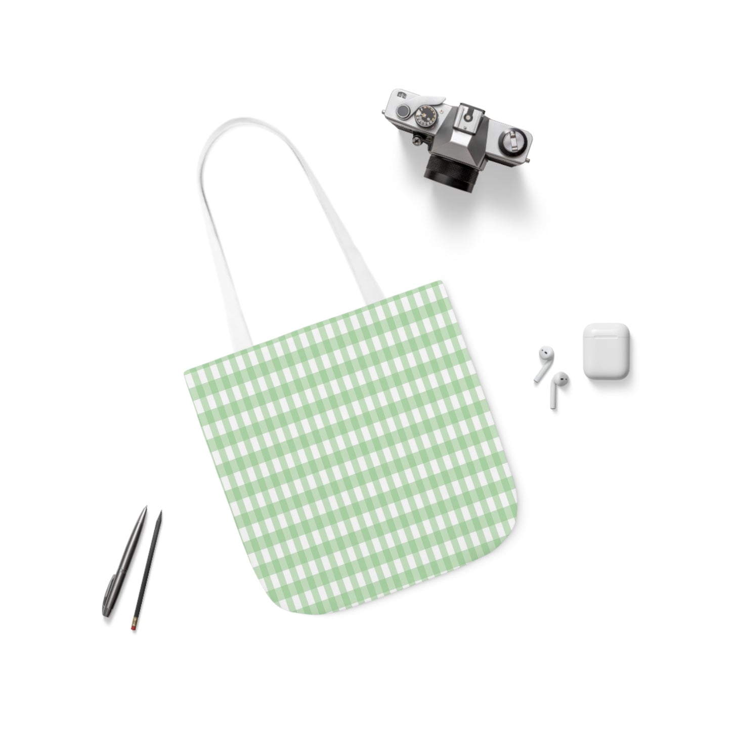 Mint Green Check Pattern Shoulder Tote Bag