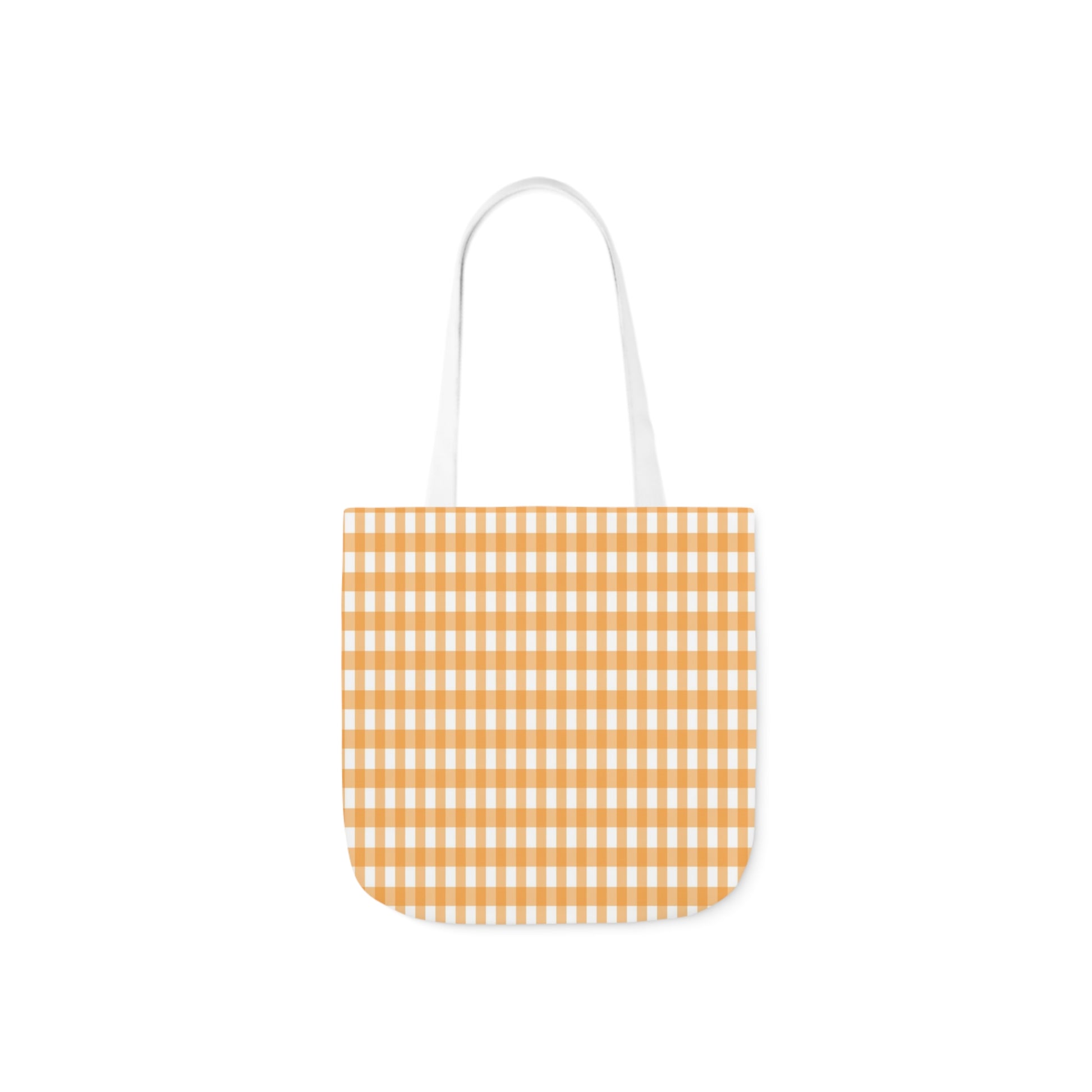 A canvas shoulder tote bag with a design of a light orange check pattern.