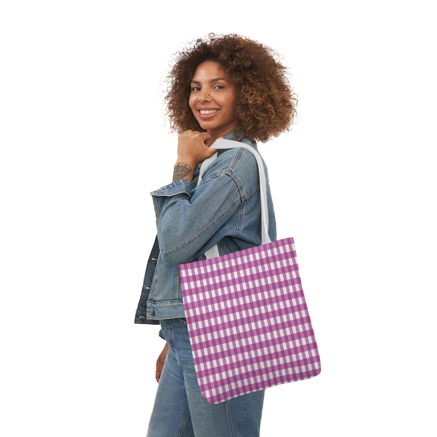 Purple Check Pattern Shoulder Tote Bag