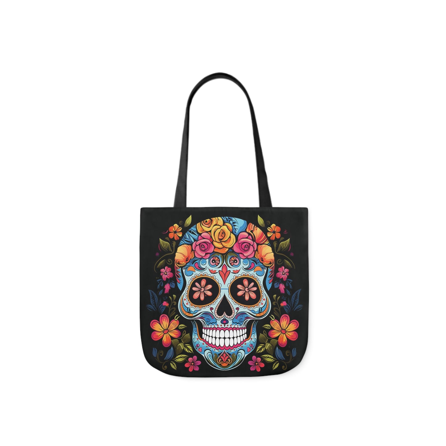 Blue Sugar Skull With Bright Flowers Shoulder Tote Bag