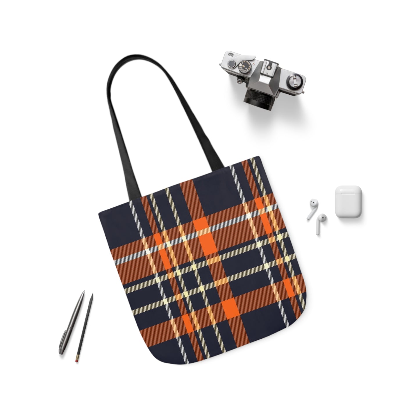 Navy Blue And Orange Tartan Pattern Shoulder Tote Bag