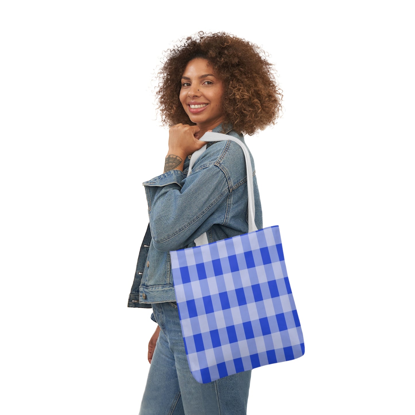 Blue Gingham Check Pattern Shoulder Tote Bag