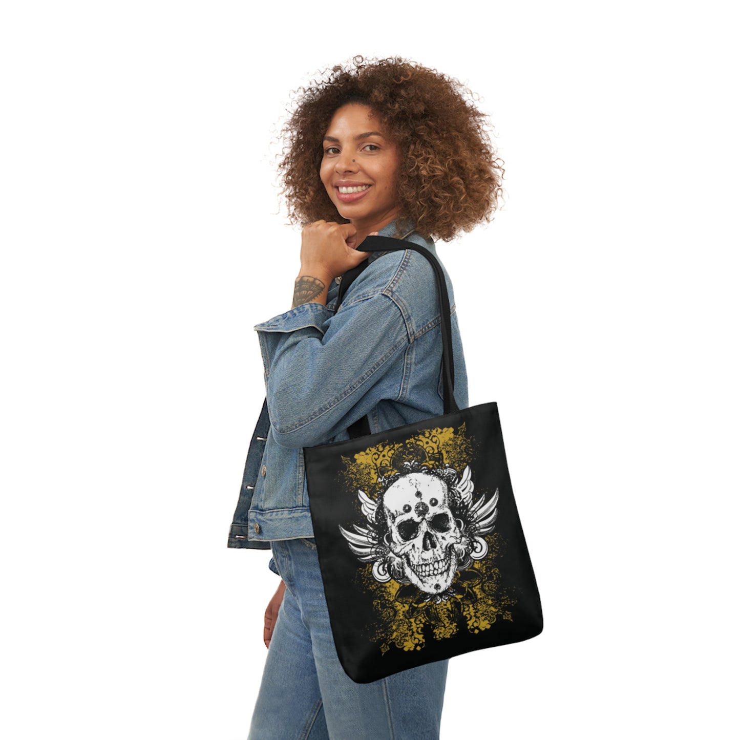 Vintage Grunge Skull Wings Yellow Lace Graffiti Shoulder Tote Bag