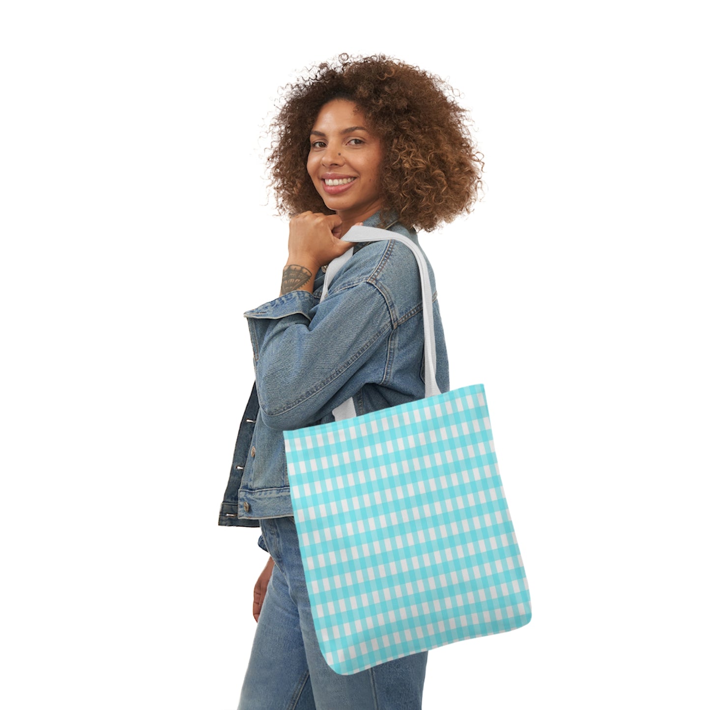 Aqua Blue and White Check Pattern Shoulder Tote Bag