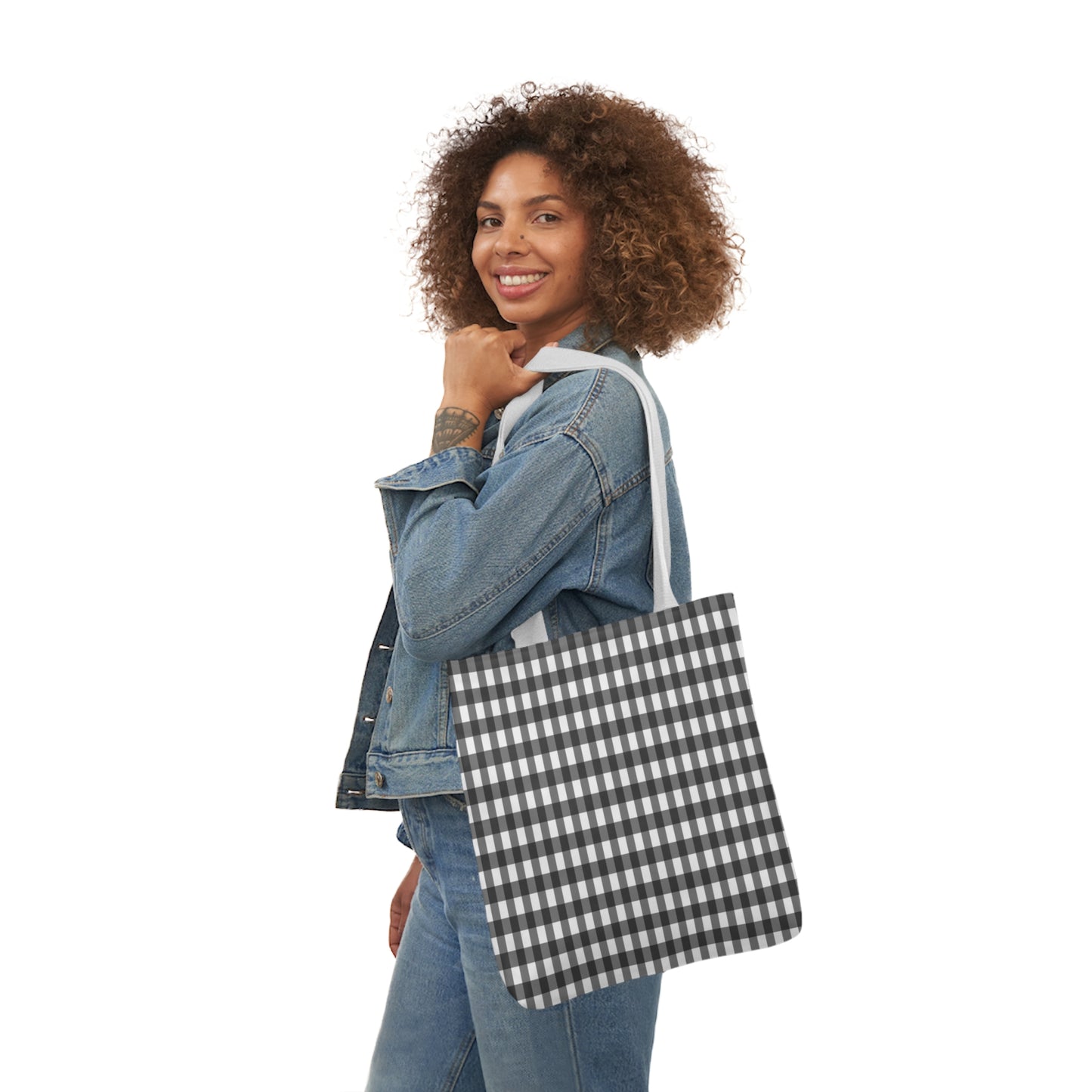 Grey And White Gingham Check Pattern Shoulder Tote Bag