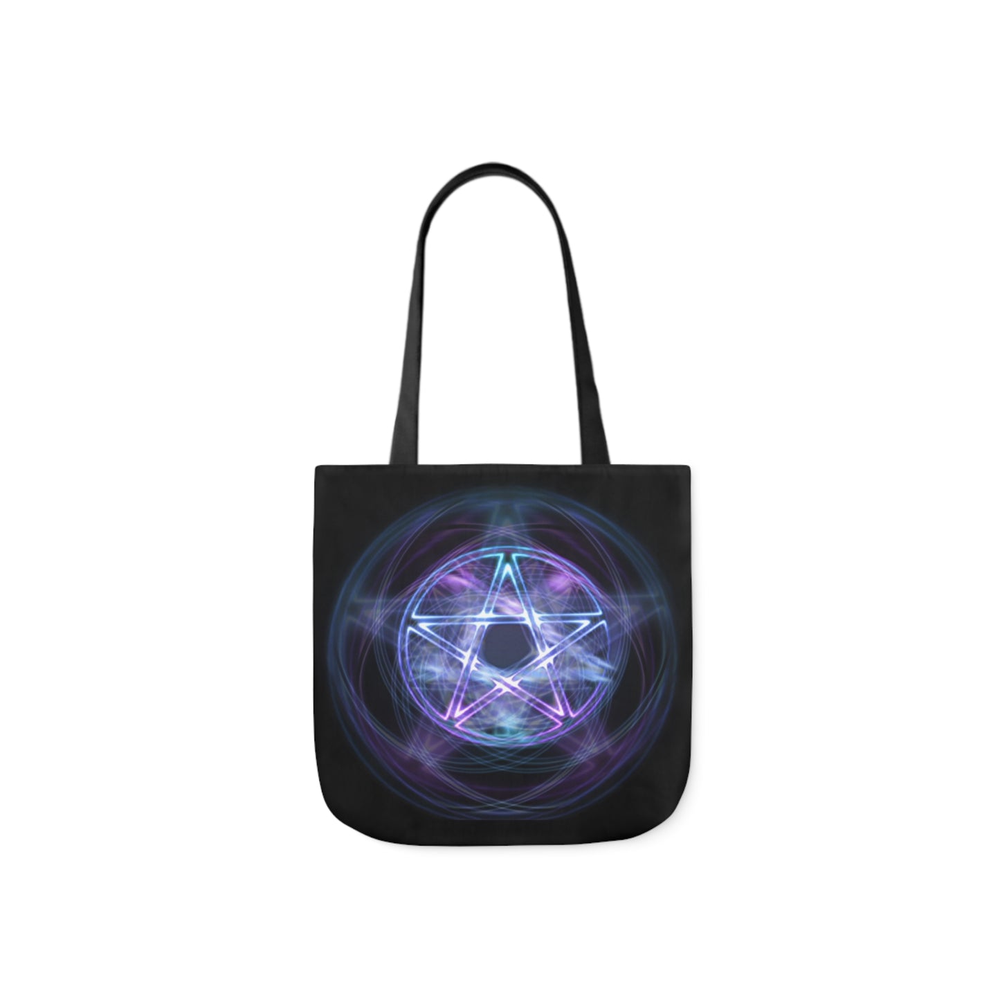 A canvas shoulder tote bag with a design of a pentagram made from blue magical energy fire, on a black background.