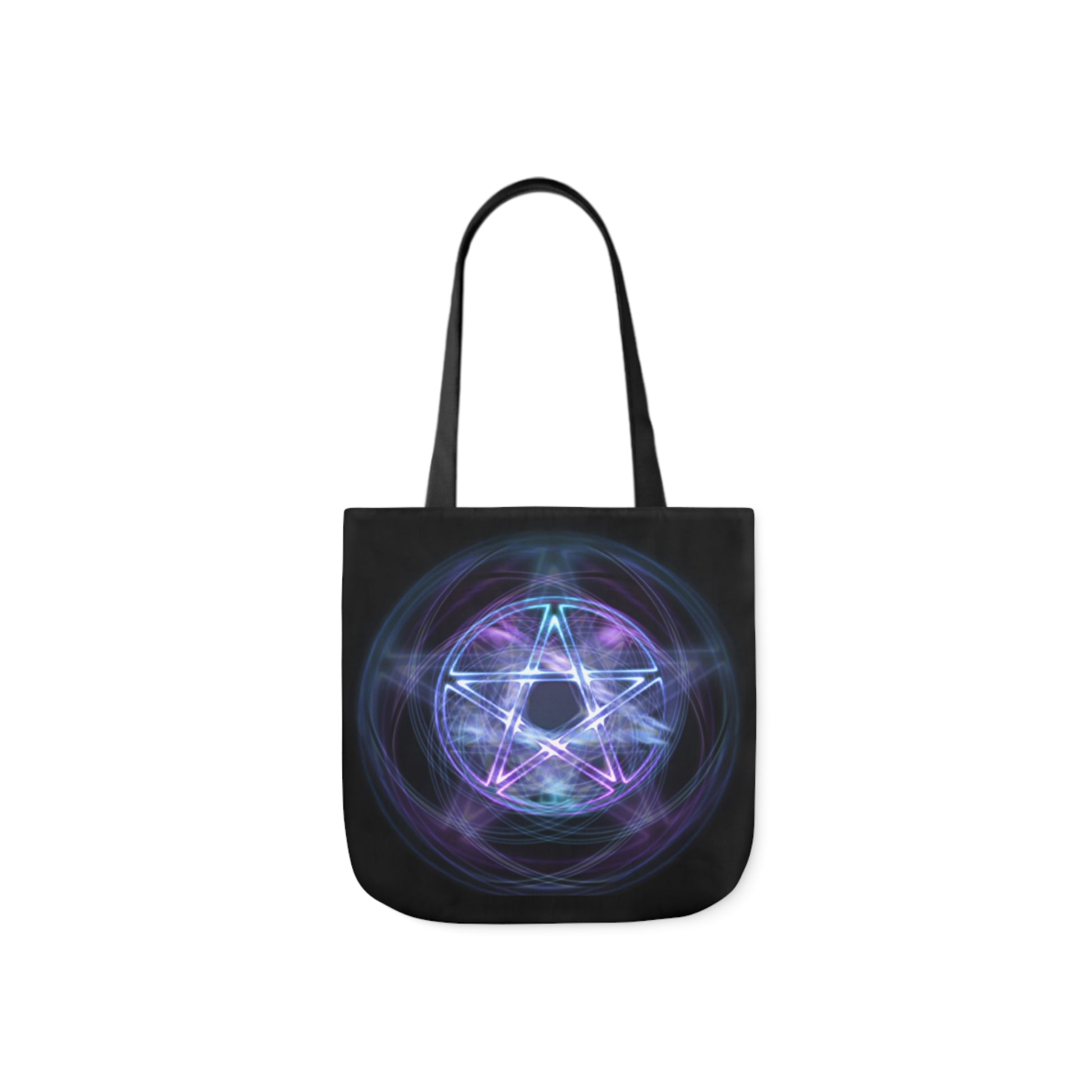 A canvas shoulder tote bag with a design of a pentagram made from blue magical energy fire, on a black background.