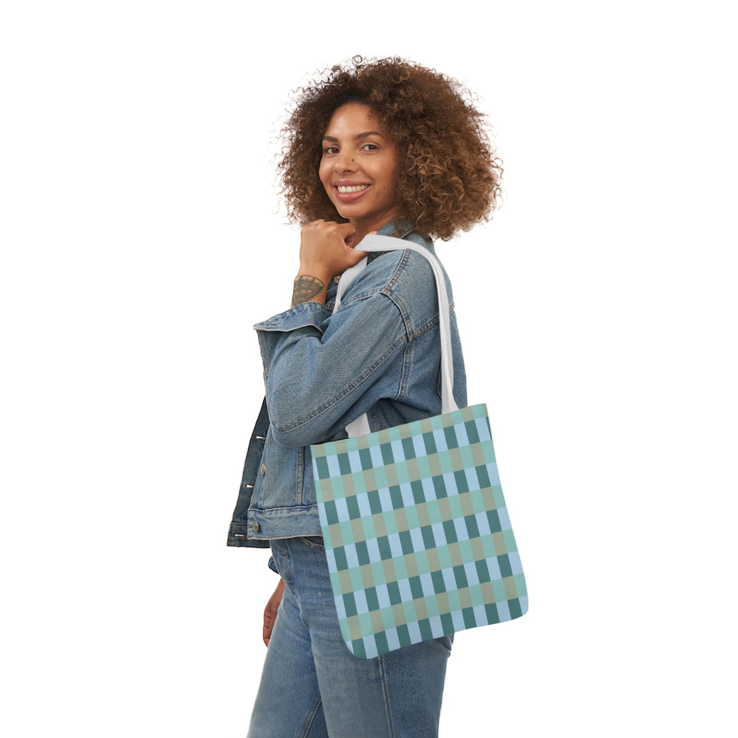 Blue And Green Gingham Check Pattern Shoulder Tote Bag