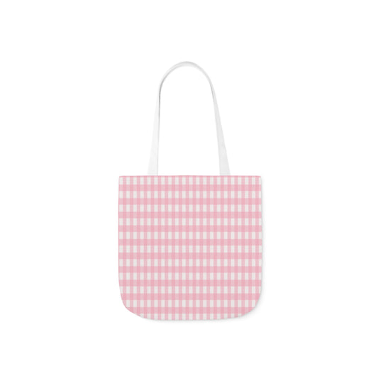 A canvas shoulder tote bag with a design of a baby pink check pattern.