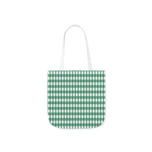 A canvas shoulder tote bag with a design of a forest green check pattern.