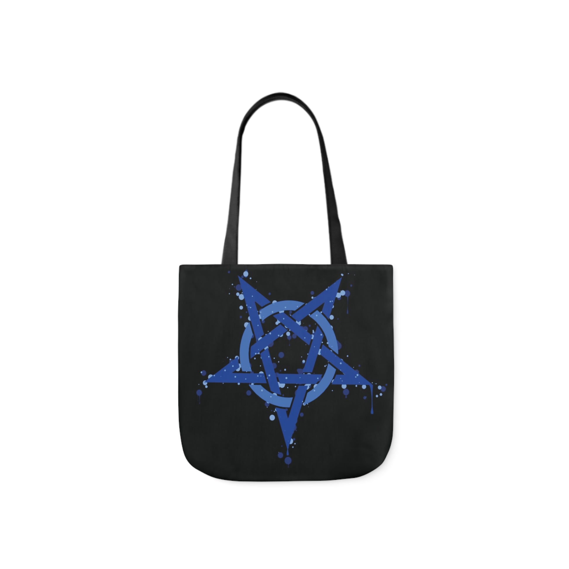 A canvas shoulder tote bag with a design of a blue inverted pentagram.