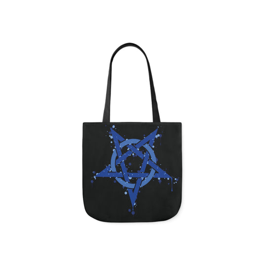 A canvas shoulder tote bag with a design of a blue inverted pentagram.