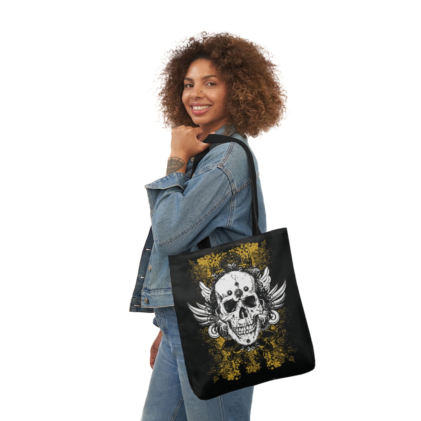 Vintage Grunge Skull Wings Yellow Lace Graffiti Shoulder Tote Bag