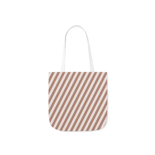 A canvas shoulder tote bag with a design of cocoa brown and white diagonal stripe pattern.