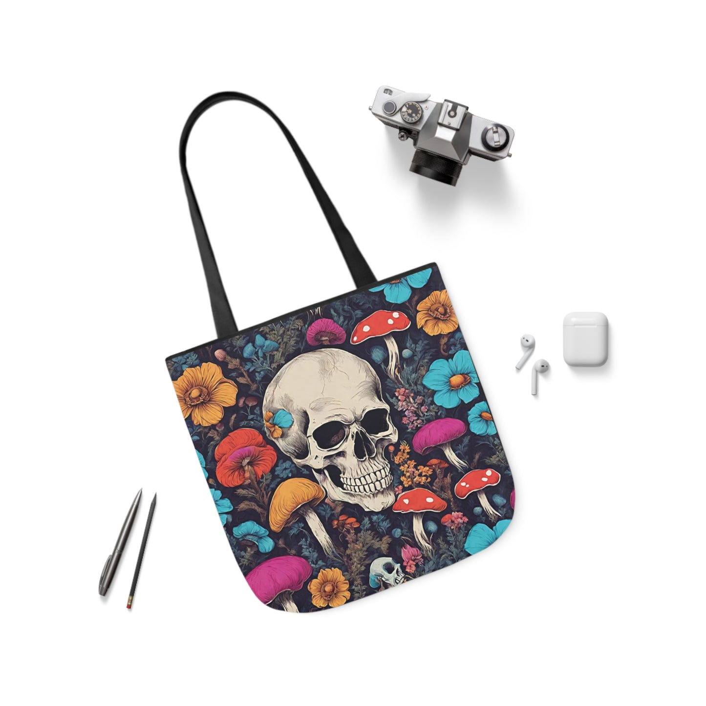 Skull With Magic Toadstools And Flowers Shoulder Tote Bag