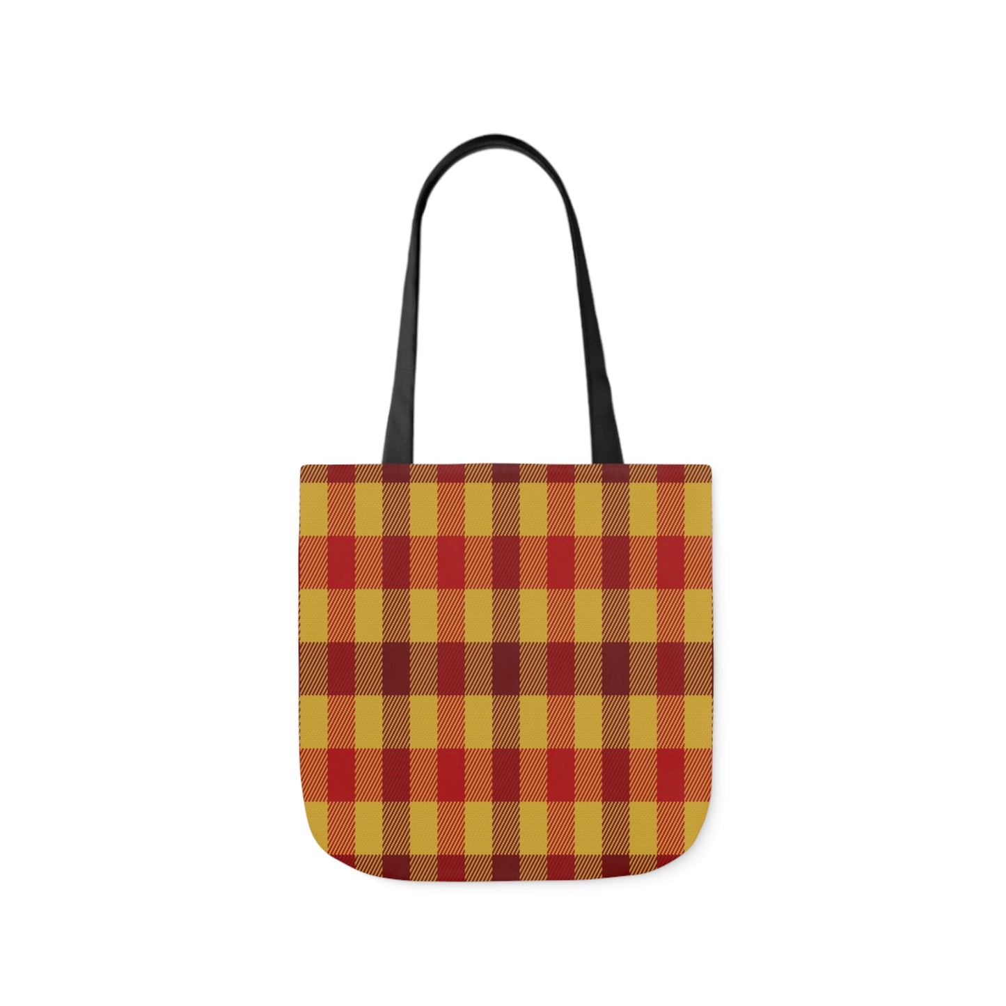 A canvas tote bag with a red and yellow tartan checkered pattern. The tote bag handles are black