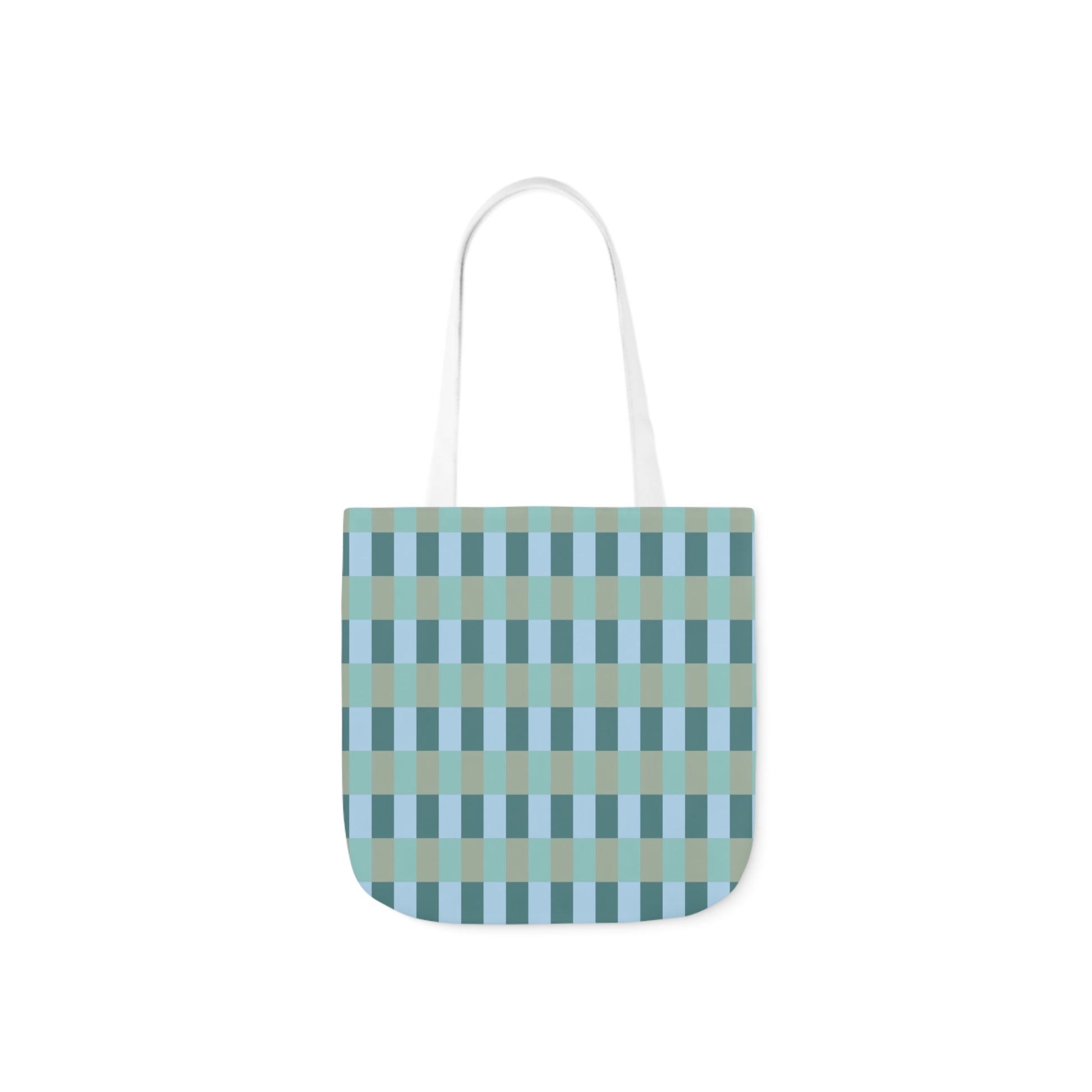 A canvas shoulder tote bag with a design of a blue and green check gingham pattern.