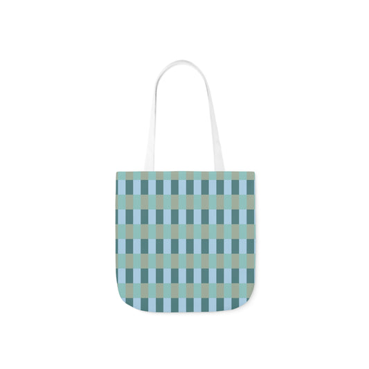 A canvas shoulder tote bag with a design of a blue and green check gingham pattern.