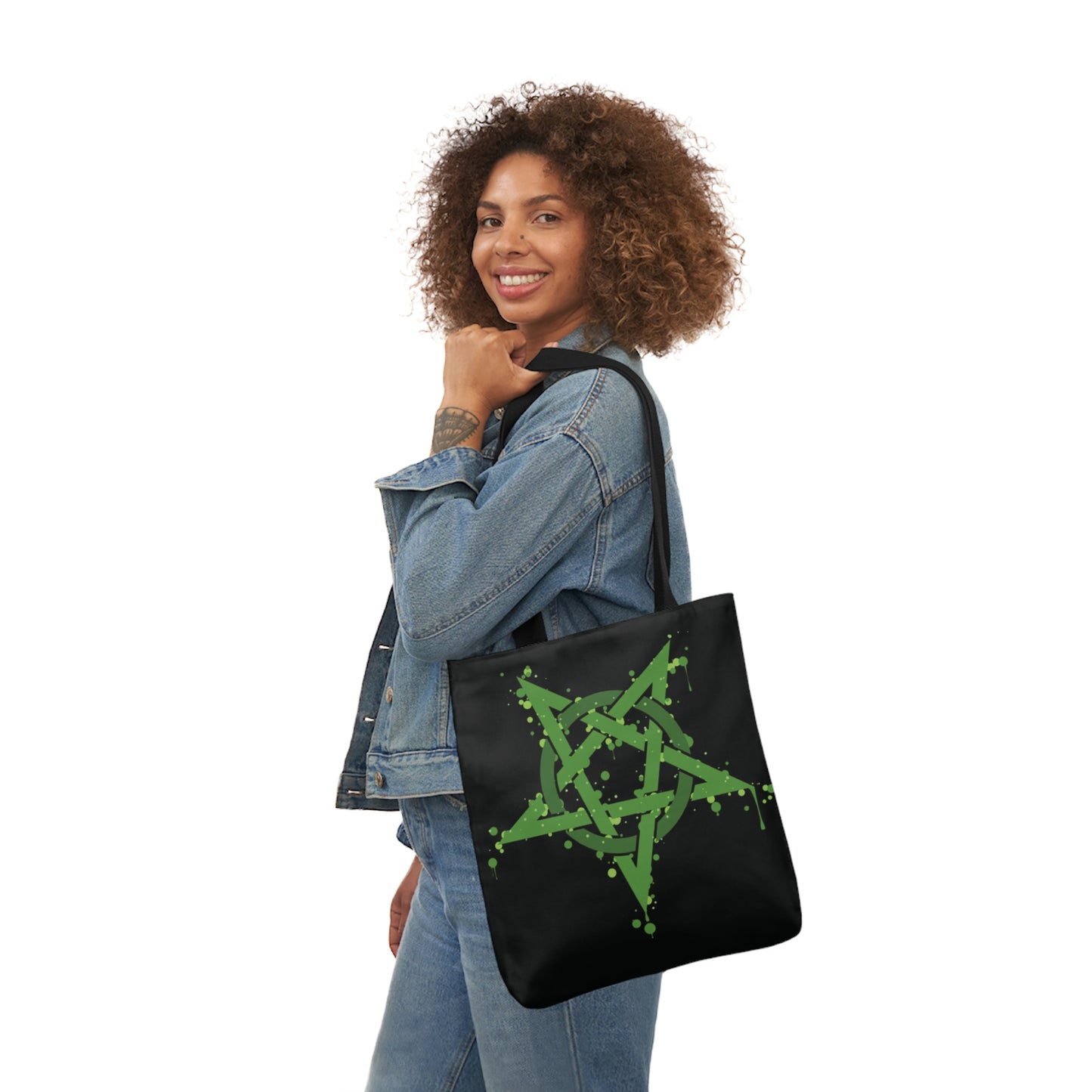 Green Inverted Spotted Pentagram Shoulder Tote Bag