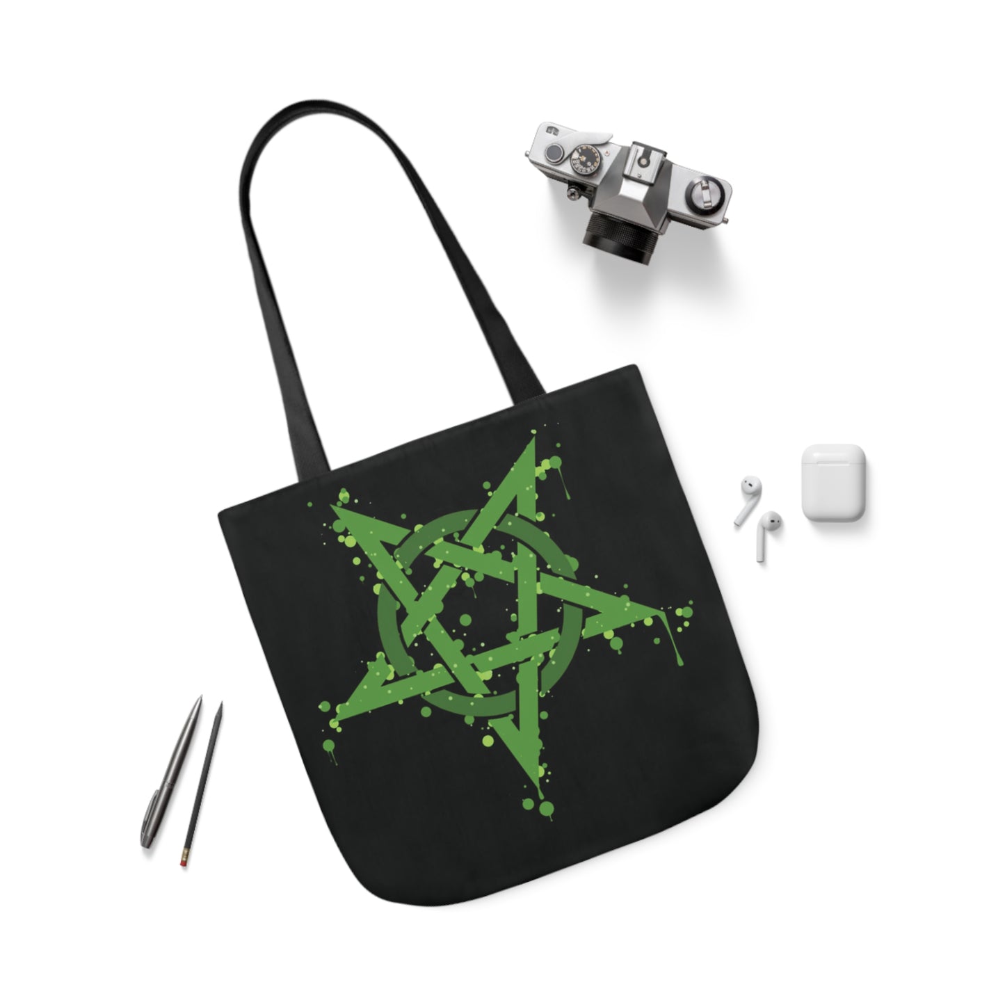 Green Inverted Spotted Pentagram Shoulder Tote Bag