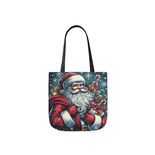 A canvas shoulder tote bag with a design of Santa Claus delivering his gifts on Christmas Eve.