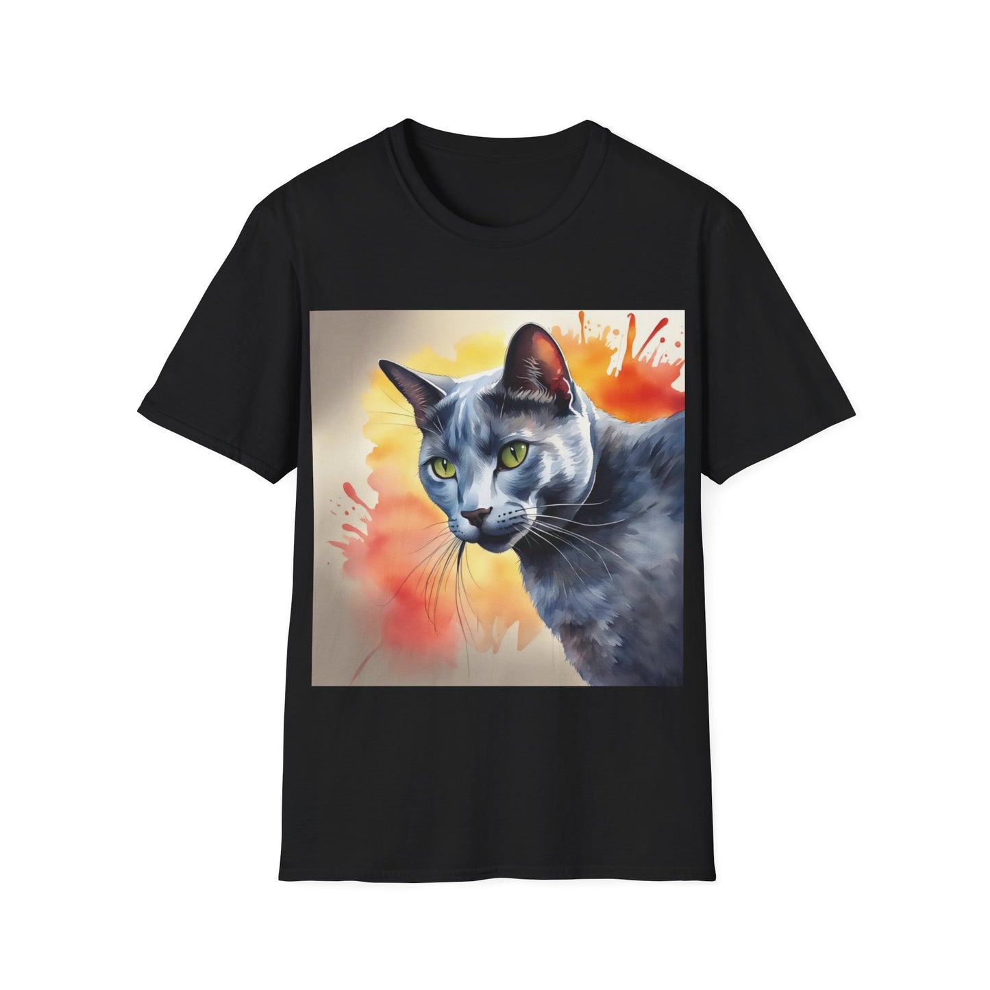A black t-shirt with a watercolour painting of a Russian Blue cat