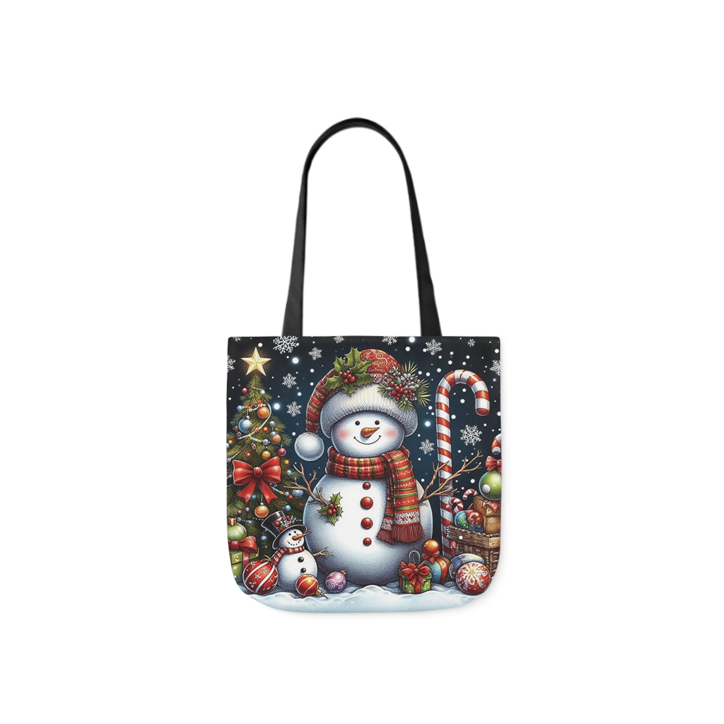 A canvas shoulder tote bag with a design of a snowman in a delightful festive Christmas scene.