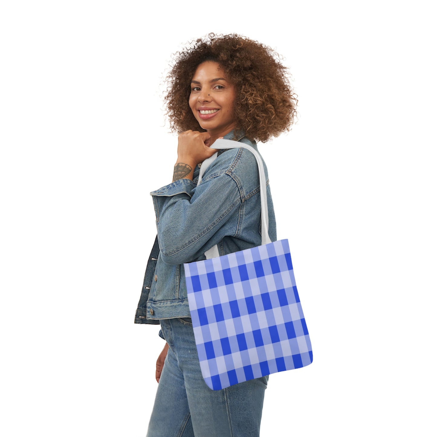 Blue Gingham Check Pattern Shoulder Tote Bag