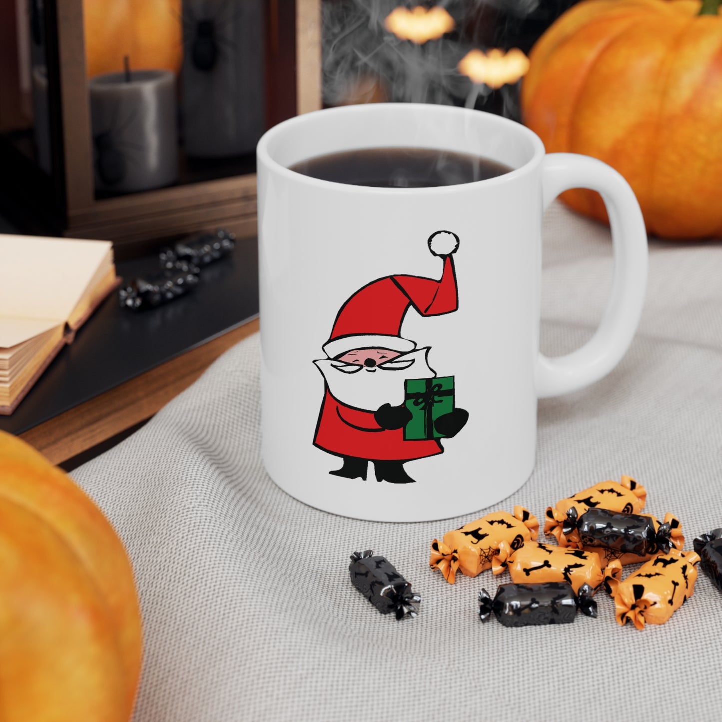 Curly Hat Santa With Gift Coffee Mug