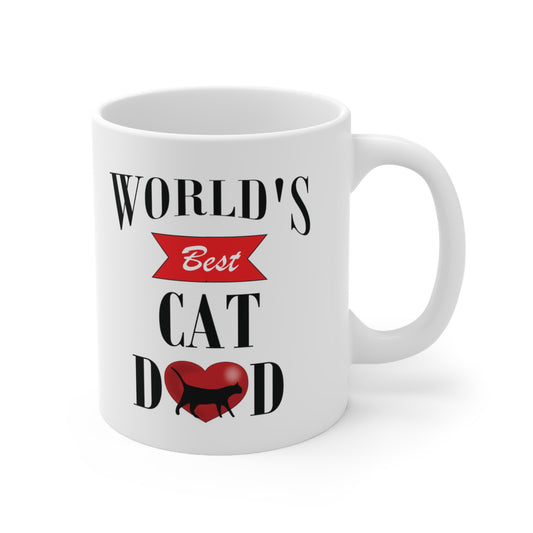 A white ceramic coffee mug with a Father's day design with the quote: World's Best Cat Dad. Dad has a heart for an A and a black cat .