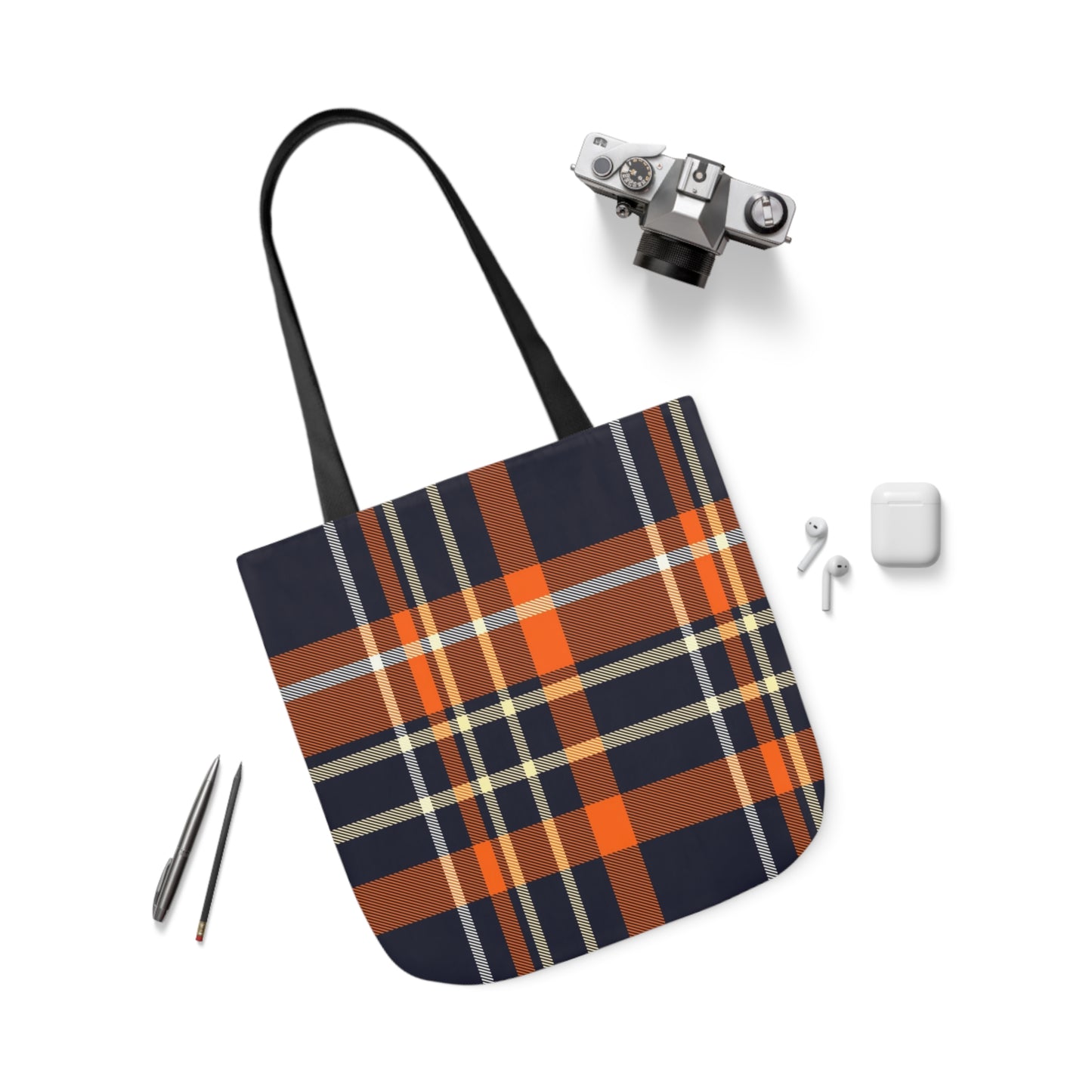 Navy Blue And Orange Tartan Pattern Shoulder Tote Bag