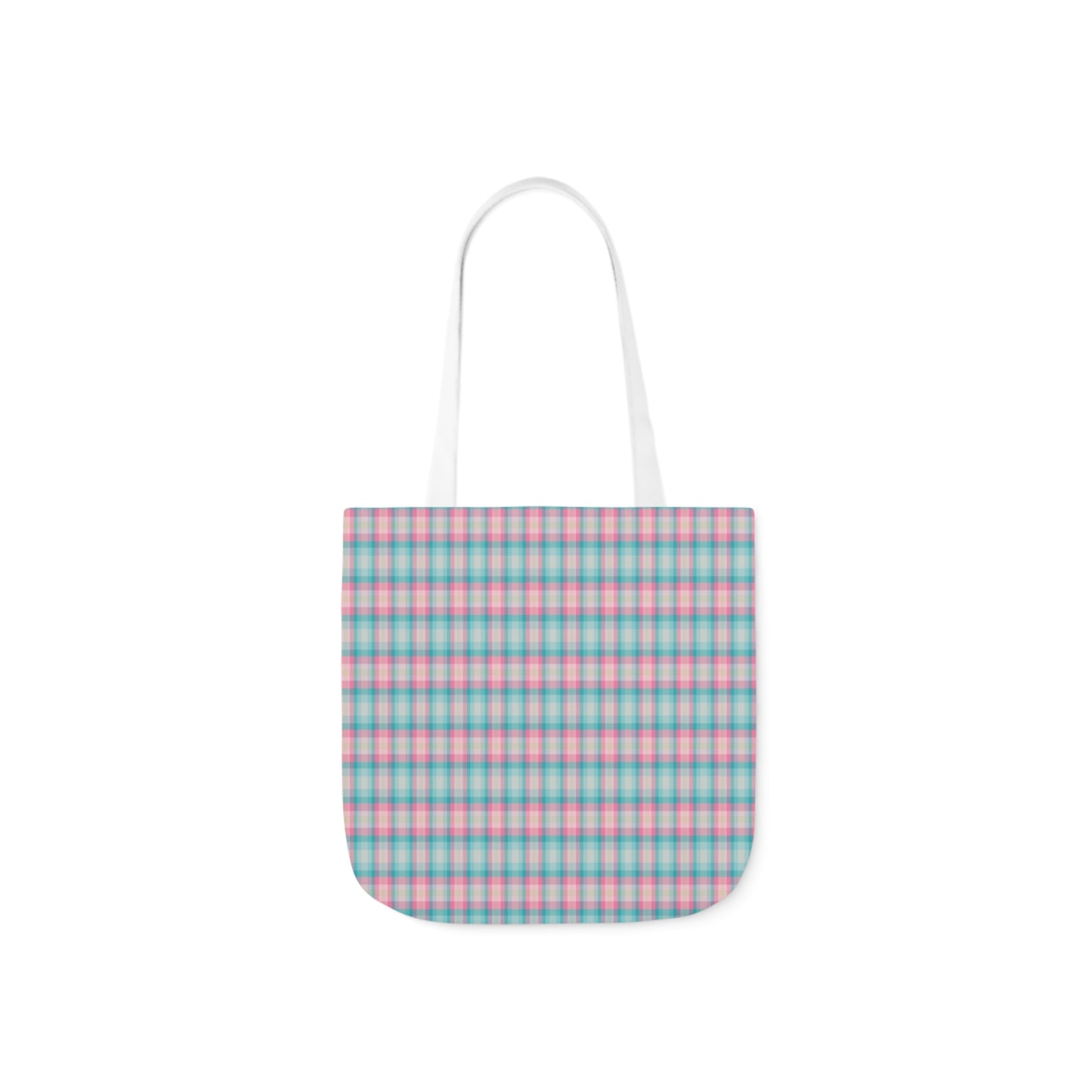 A canvas shoulder tote bag with a design of baby blue and light pink gingham check pattern.