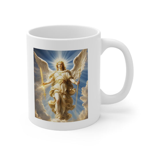 A white ceramic coffee mug with a painting of the archangel Michael coming down from heaven