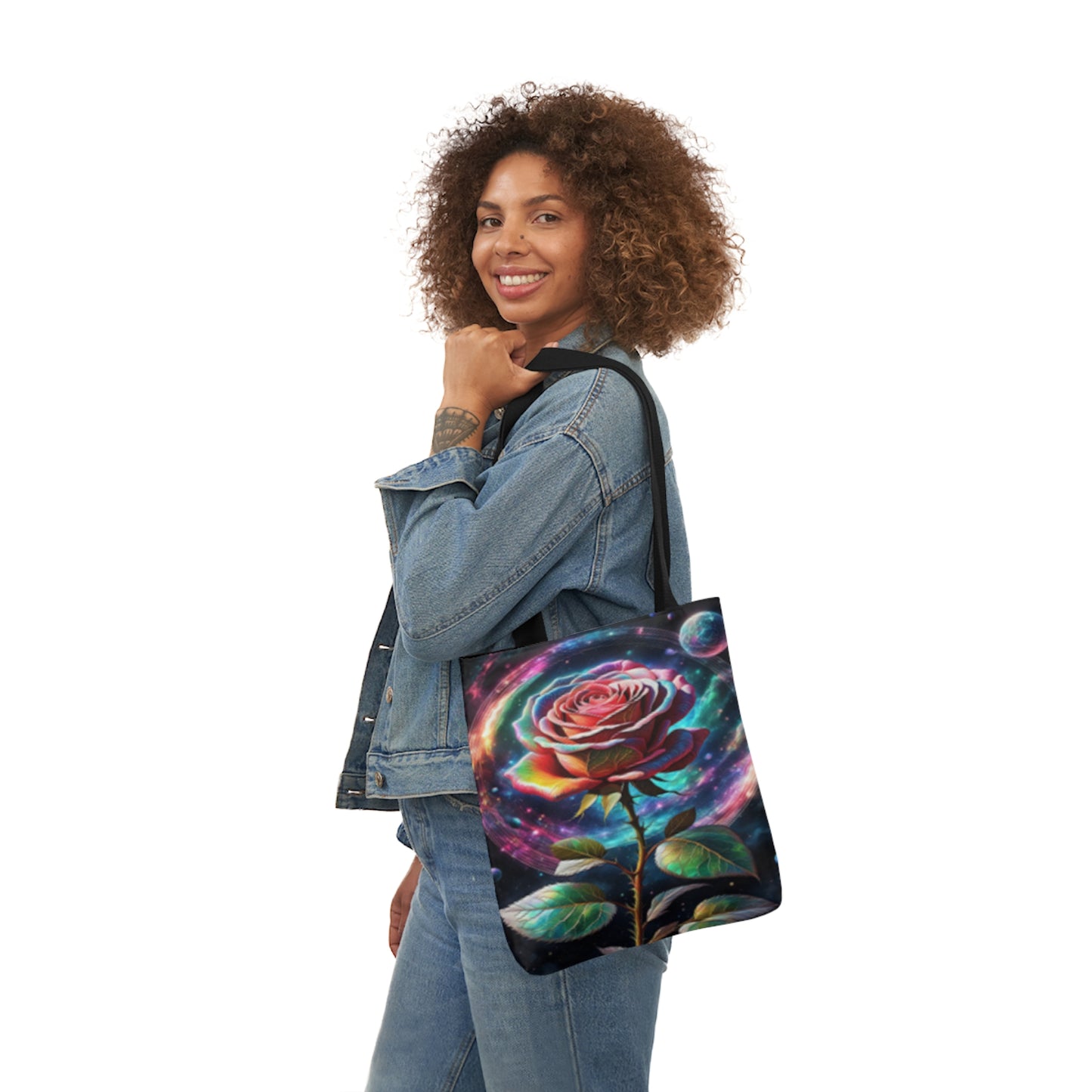 Rainbow Rose Cosmic Space Flower  Shoulder Tote Bag