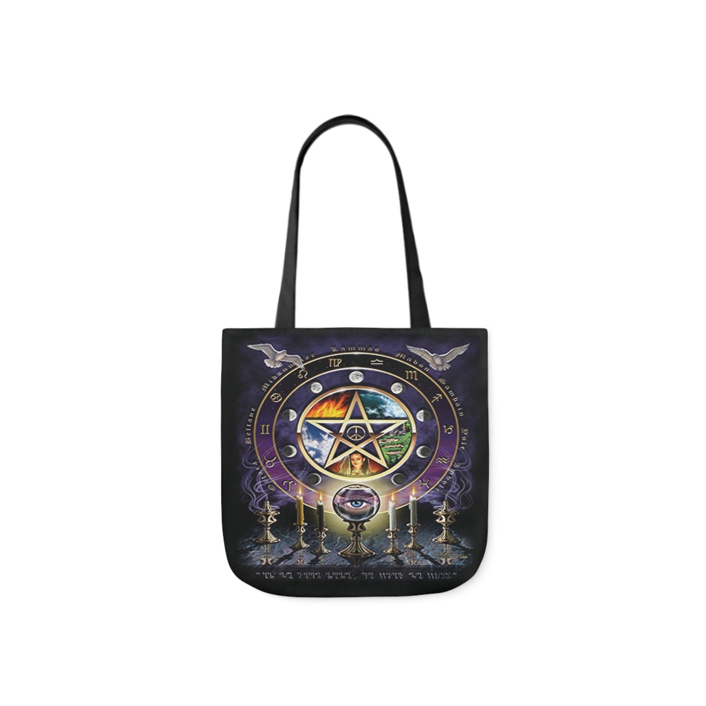 A canvas shoulder tote bag with a design of a witches magic altar with large pentagram.