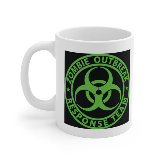 A white ceramic coffee mug with a design of a green bio hazard symbol  on a black background and the quote: Zombie Outbreak Response Team