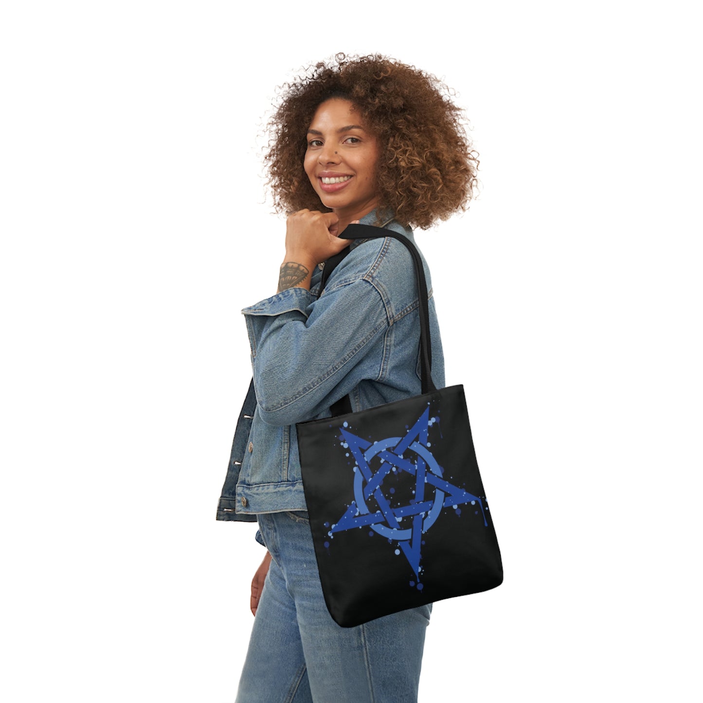 Blue Inverted Spotted Pentagram Shoulder Tote Bag