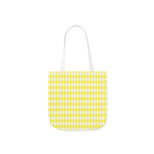 A canvas shoulder tote bag with a design of lemon yellow check pattern