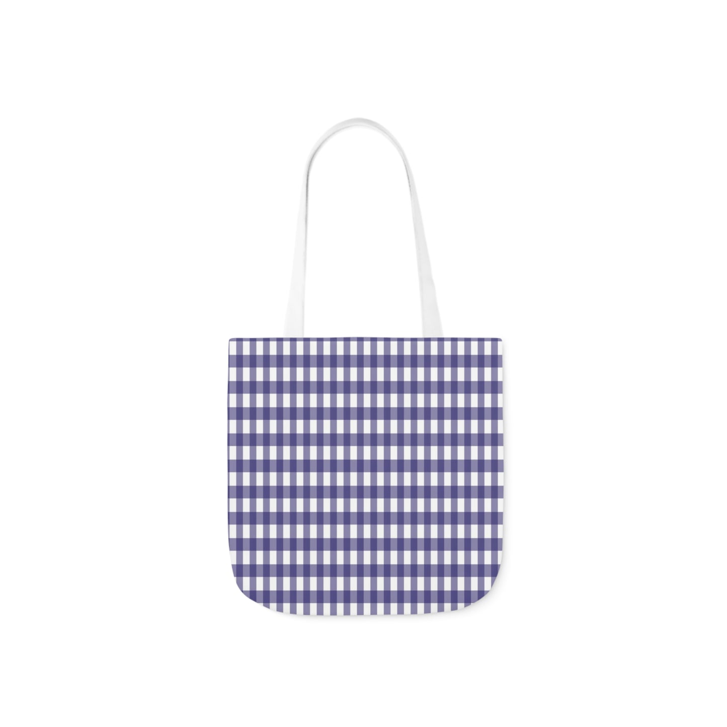 A canvas shoulder tote bag with a design of a navy blue and white check gingham pattern.